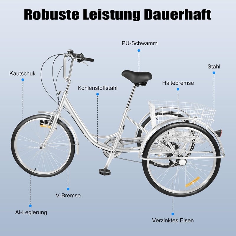 24 Zoll 6-Gang Dreirad für Erwachsene mit Licht und Einkaufskorb
