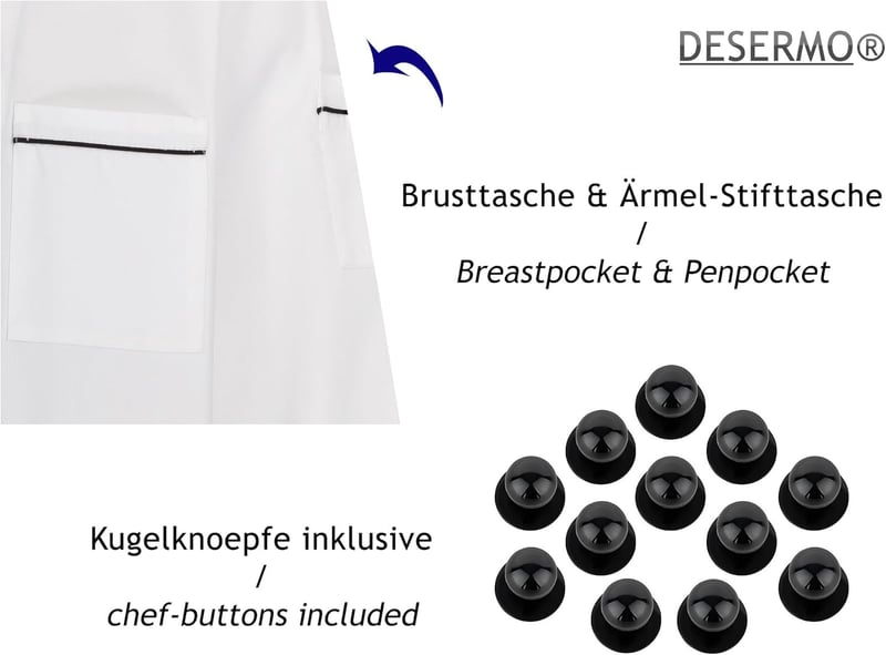 Kochjacke Langarm in schwarz oder blau mit Paspel und Kugelknöpfen, Größen XS bis 5XL