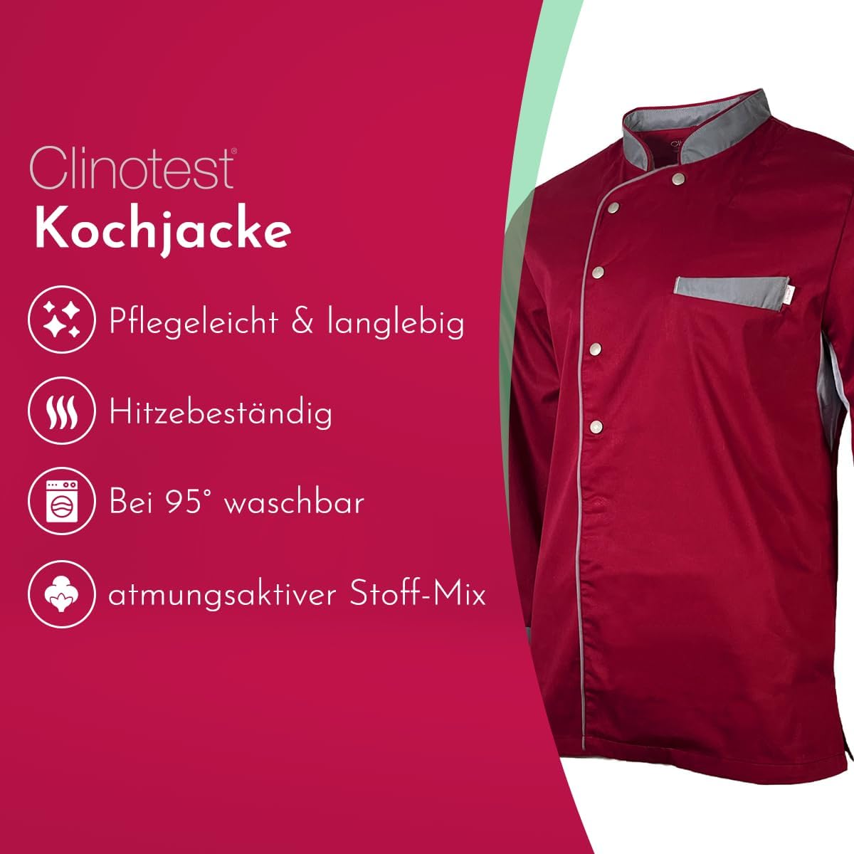 Herren Kochjacke langarm, kochfest, 65% Polyester, 35% Baumwolle