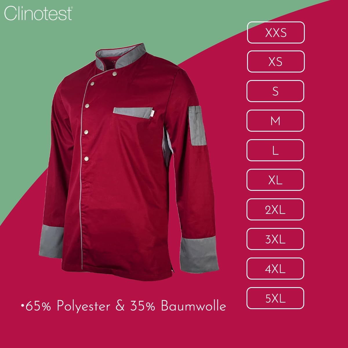 Herren Kochjacke langarm, kochfest, 65% Polyester, 35% Baumwolle