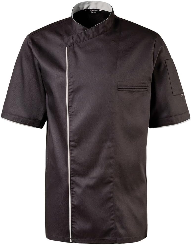 Halbarm-Kochjacke in Schwarz mit farbiger Paspel und Druckknöpfen