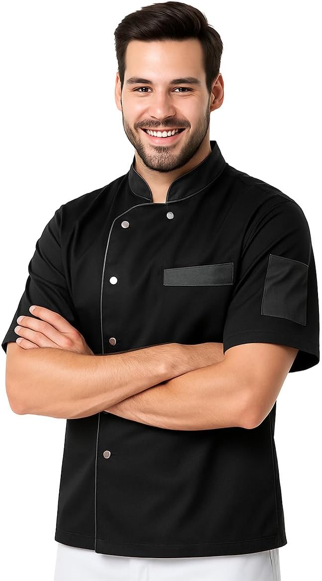 Kochjacke für Herren, kurzärmelig, 95 Grad waschbar, aus 65% Polyester, 35% Baumwolle