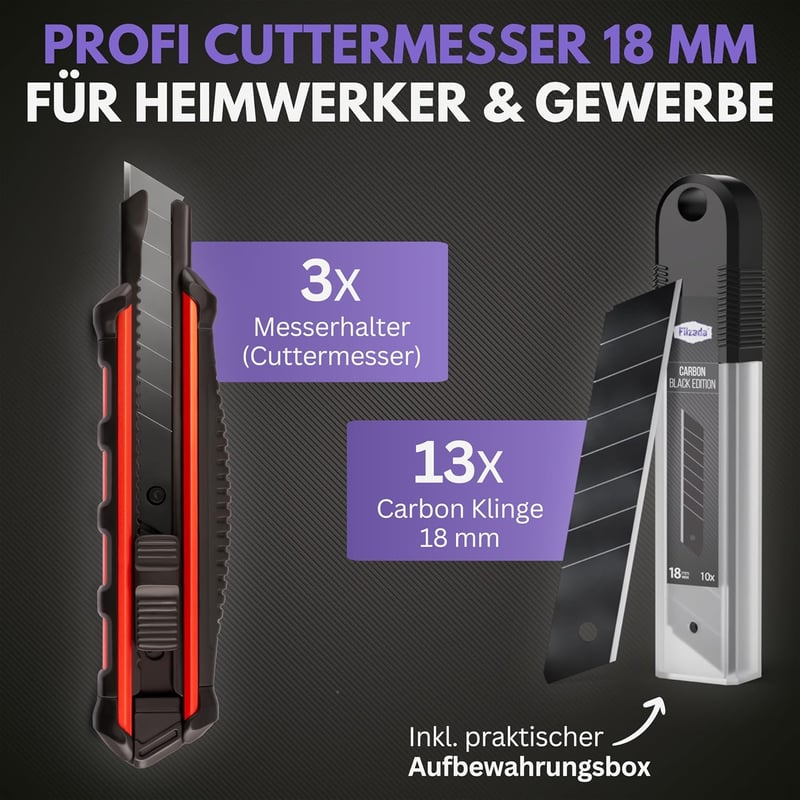 Profi Cuttermesser Set mit 13 Carbonstahl Klingen - 18mm Cutter