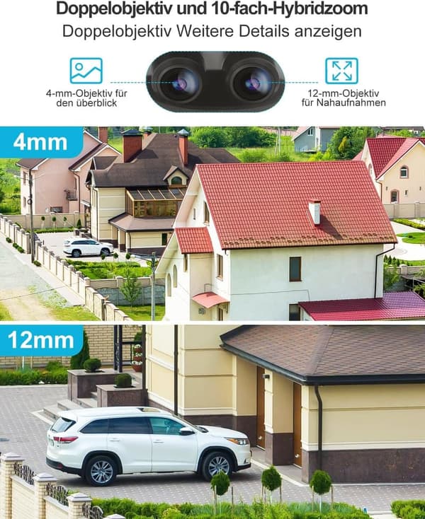 Überwachungskamera 4MP mit Dual-Linse, 10x Hybrid-Zoom, IP66 wasserdicht