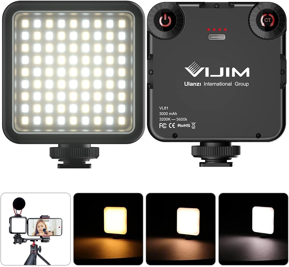 ULANZI VL81 Videoleuchte mit 81 LEDs, 3200K-5600K Farbtemperatur, einstellbare Helligkeit, CRI 95+