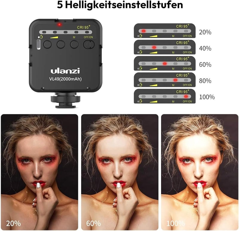 ULANZI VL49 LED Videoleuchte mit 2000mAh Akku, 5500K, 3 Cold Shoe