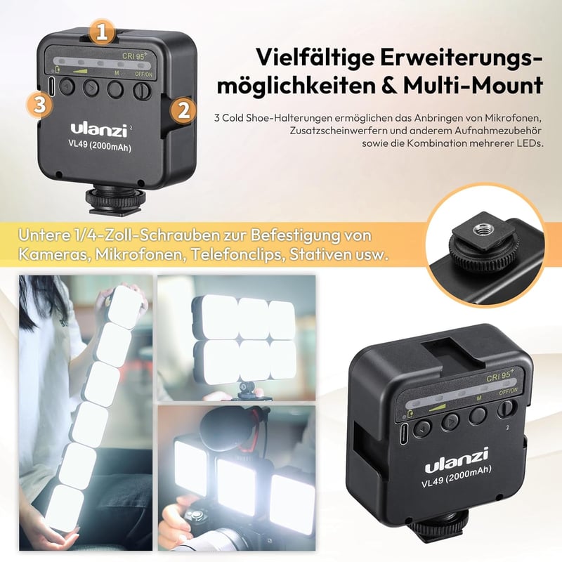 ULANZI VL49 LED Videoleuchte mit 2000mAh Akku, 5500K, 3 Cold Shoe