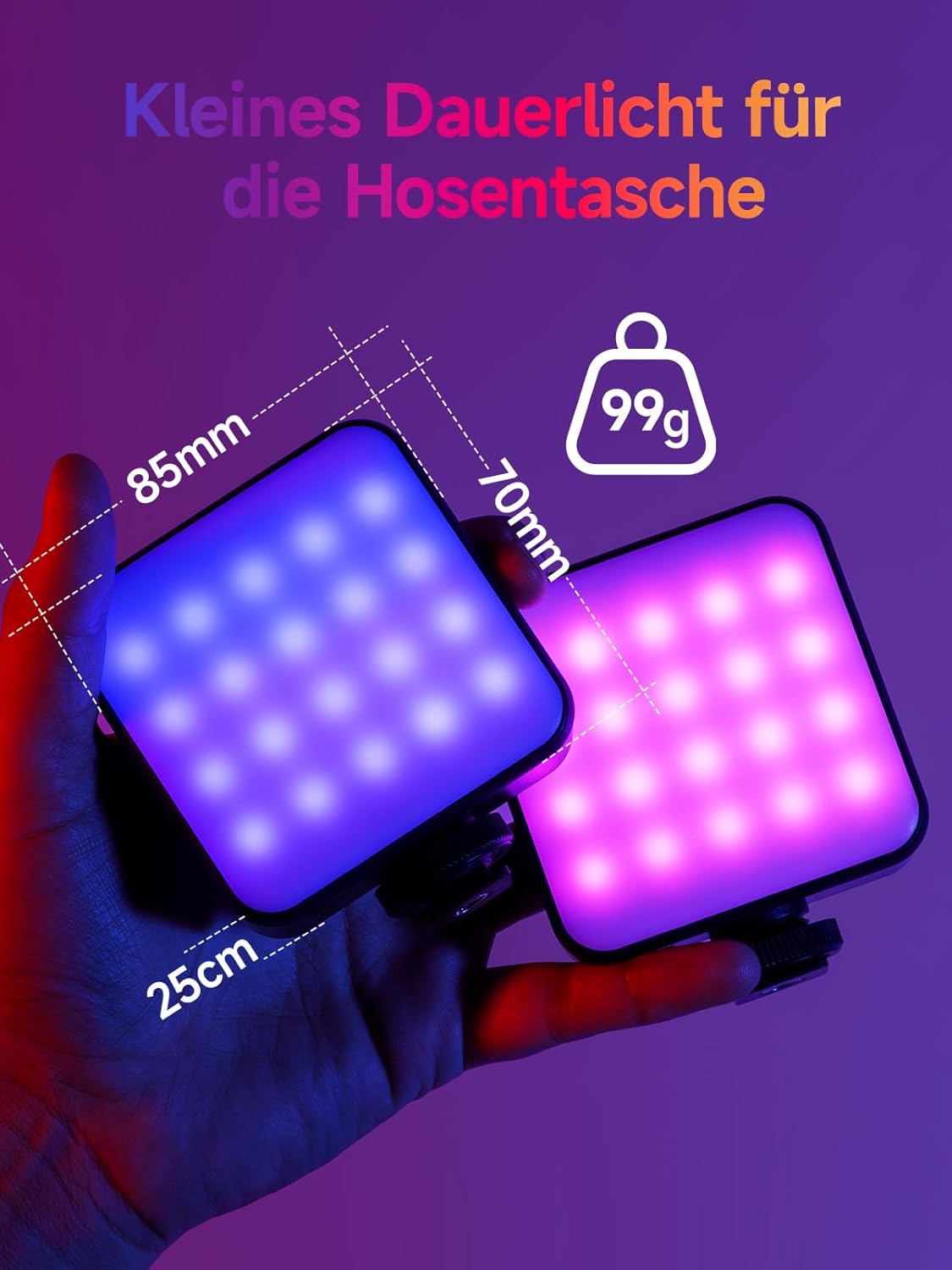 Rollei Lumis Mini RGB LED Videoleuchte mit 360 Farben und Akku
