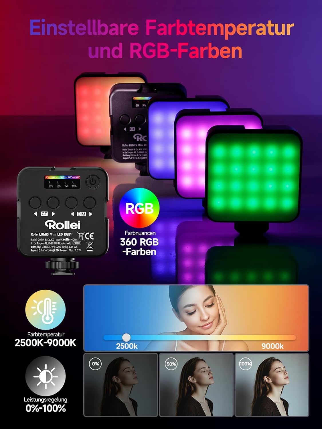 Rollei Lumis Mini RGB LED Videoleuchte mit 360 Farben und Akku
