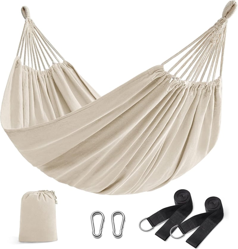 Hängematte für 2 Personen, 210 x 150 cm, bis 300 kg, Beige, mit Befestigungszubehör