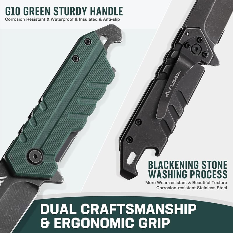 FLISSA Einhand-Jagdmesser mit G10-Griff und Taschenclip, grün