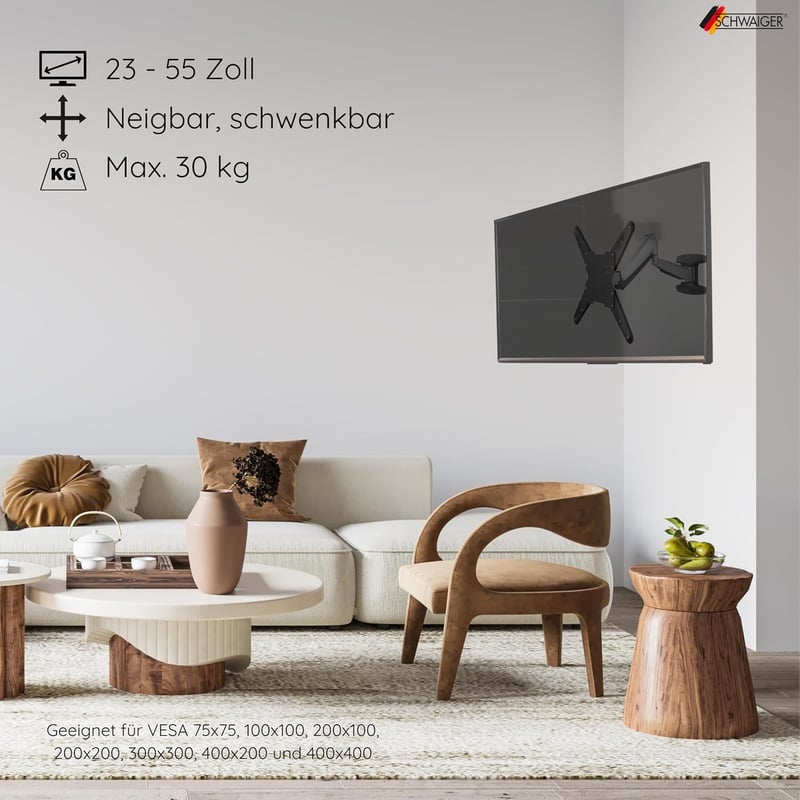 Neigbare TV-Wandhalterung für 23-55 Zoll Fernseher, max. 30kg, schwarz