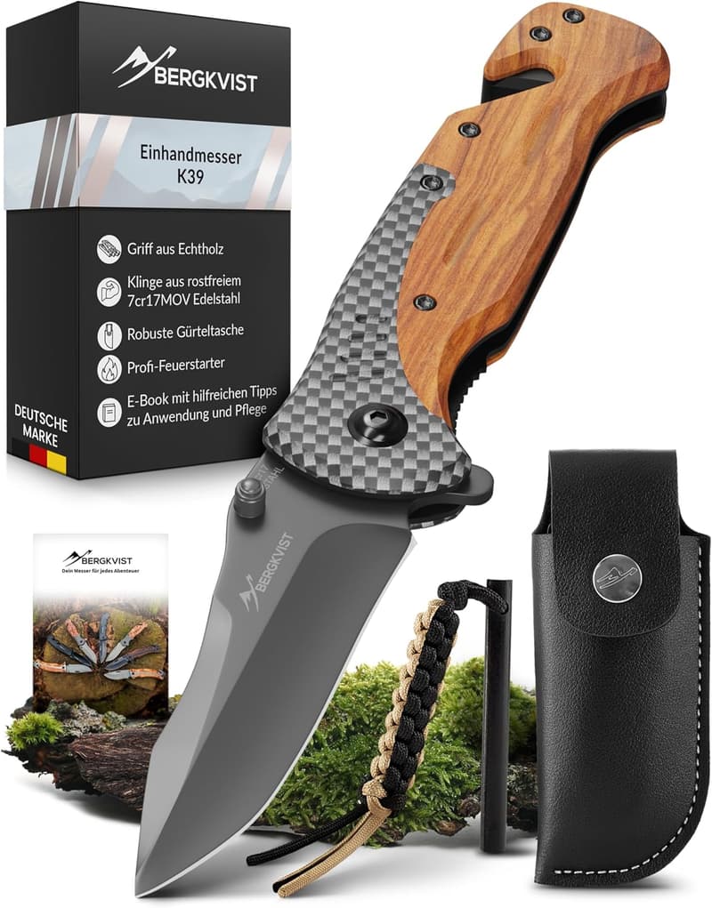 BERGKVIST K39 Klappmesser Waldholz-Edition - 3-in-1 Taschenmesser für Outdoor