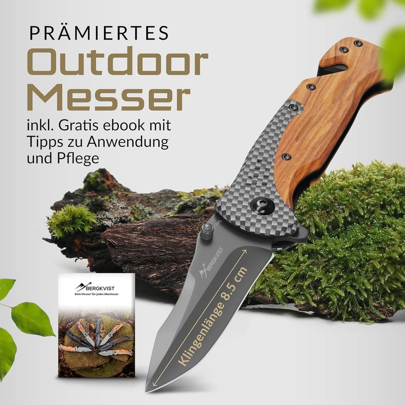 BERGKVIST K39 Klappmesser Waldholz-Edition - 3-in-1 Taschenmesser für Outdoor