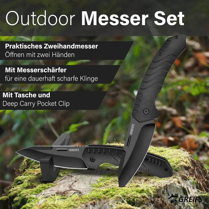 GREIFS® Klappmesser G1 - Outdoor Survival-Messer mit Tasche, Schwarz
