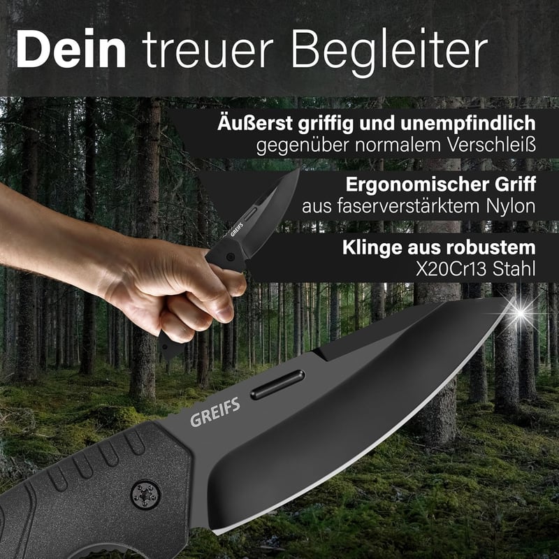 GREIFS® Klappmesser G1 - Outdoor Survival-Messer mit Tasche, Schwarz