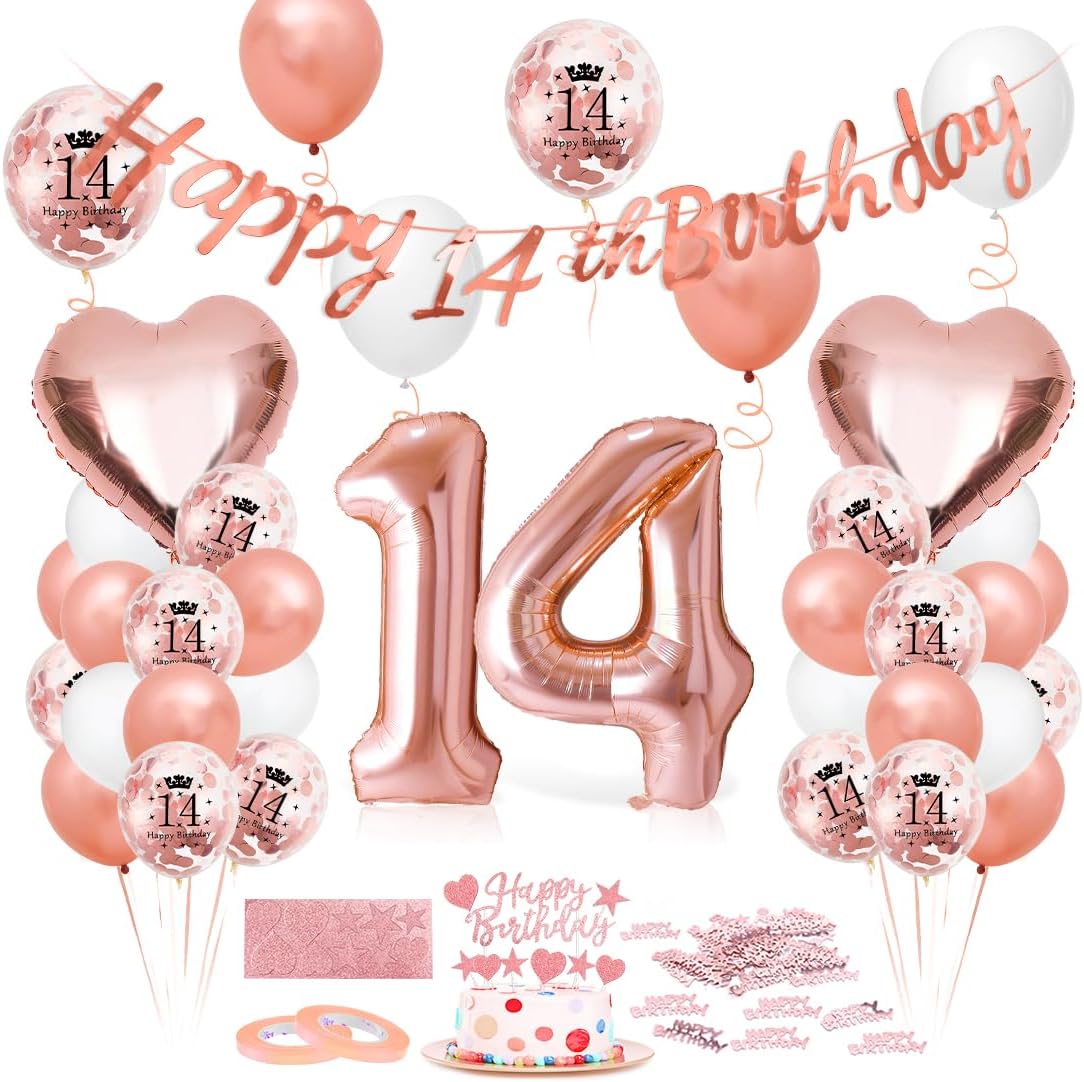 Deko-Set Roségold für den 14. Geburtstag mit Folienballon