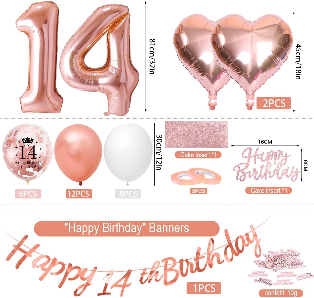 Deko-Set Roségold für den 14. Geburtstag mit Folienballon