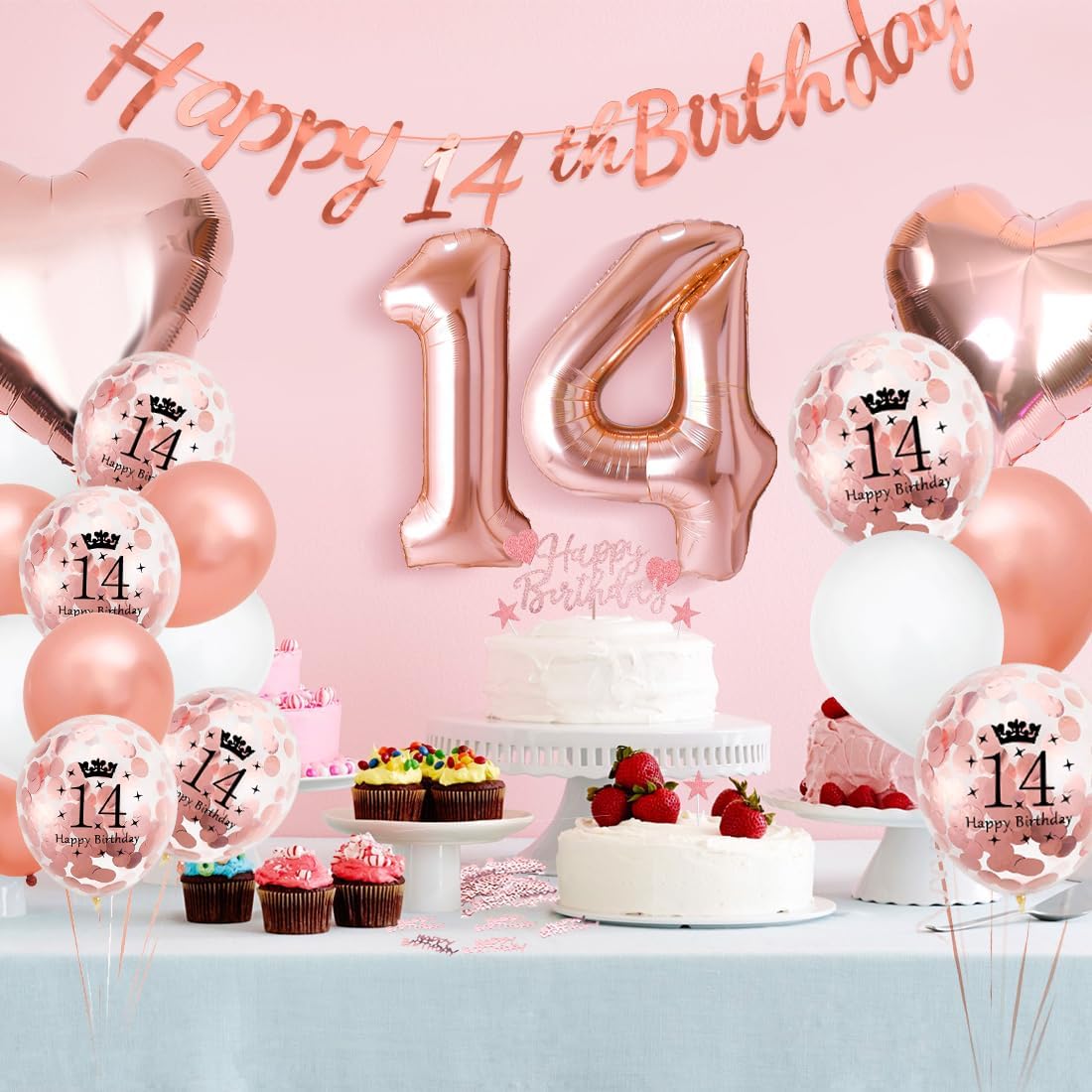 Deko-Set Roségold für den 14. Geburtstag mit Folienballon