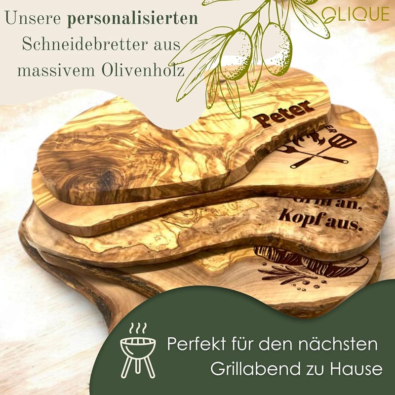 Personalisierte Olivenholz-Schneidebrett mit Gravur 45-49 cm