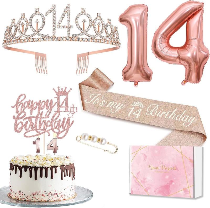 14. Geburtstag Mädchen: Krone, Schärpe, Tortendeko & Folienballon 14