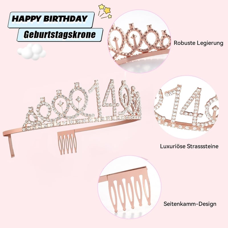 14. Geburtstag Mädchen: Krone, Schärpe, Tortendeko & Folienballon 14