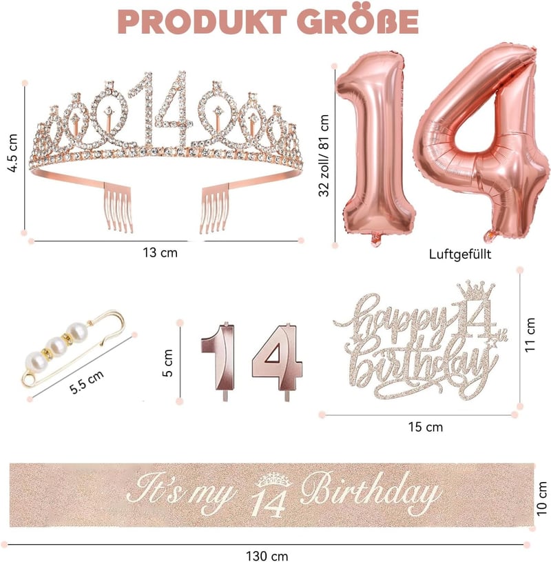 14. Geburtstag Mädchen: Krone, Schärpe, Tortendeko & Folienballon 14