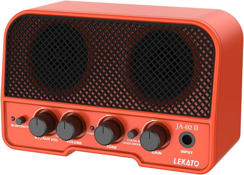 Tragbarer Mini-Gitarrenverstärker mit Clean- und Overdrive-Kanal, orange
