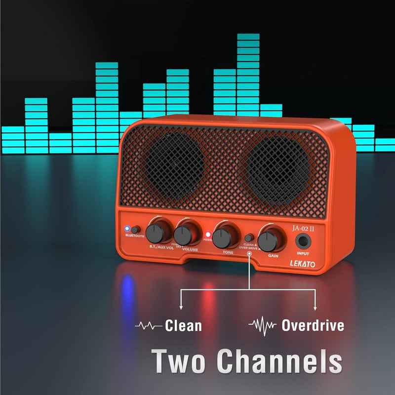 Tragbarer Mini-Gitarrenverstärker mit Clean- und Overdrive-Kanal, orange