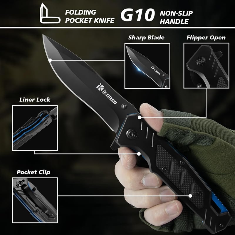 IKORES Klappmesser aus Edelstahl mit Taschenclip und Nylonscheide für Outdoor-Aktivitäten