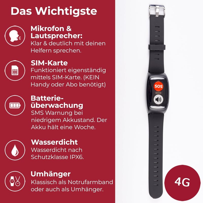 Notfallarmband für Senioren mit Telefonfunktion und SIM-Slot