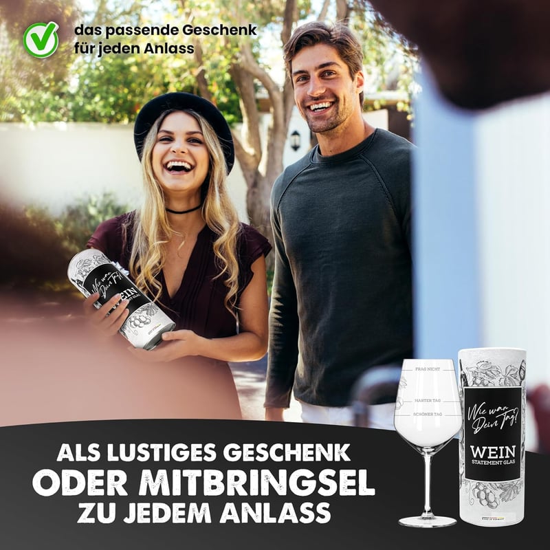 Weinglas „Wie war Dein Tag?“ in Geschenkbox | 530 ml | Geschenk für Paare