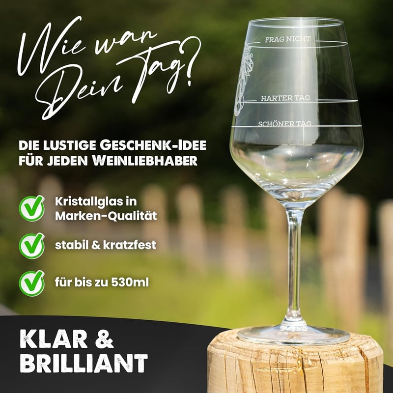 Weinglas „Wie war Dein Tag?“ in Geschenkbox | 530 ml | Geschenk für Paare