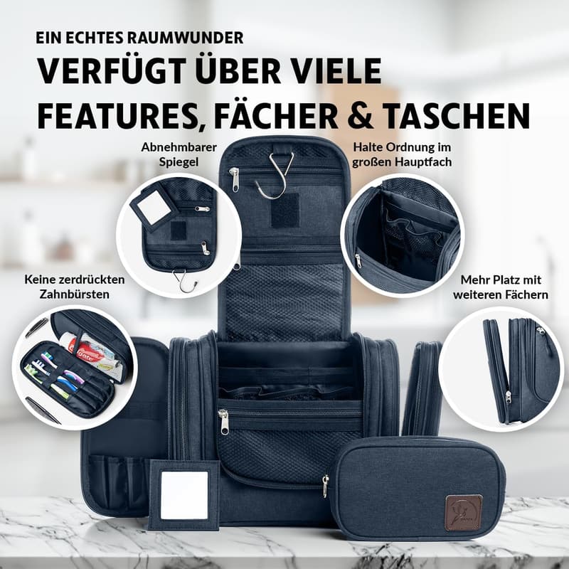 Kulturbeutel Blau für Herren und Damen – 8L mit Spiegel und 10 Fächern