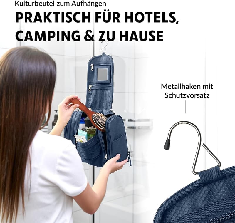Kulturbeutel Blau für Herren und Damen – 8L mit Spiegel und 10 Fächern