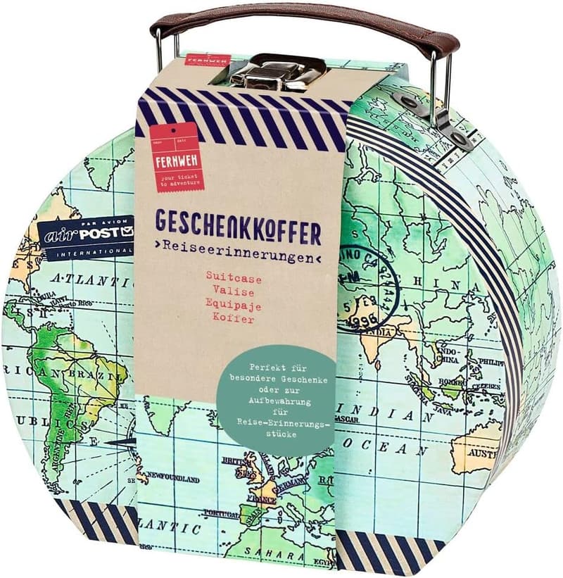 Geschenkkoffer für Reiseerinnerungen mit Grußkarte im Retro-Design