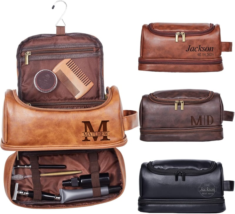 Personalisierte Ledertasche für Männer mit Haken für Toilettenartikel