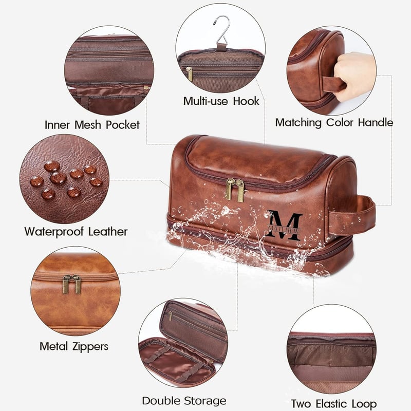 Personalisierte Ledertasche für Männer mit Haken für Toilettenartikel