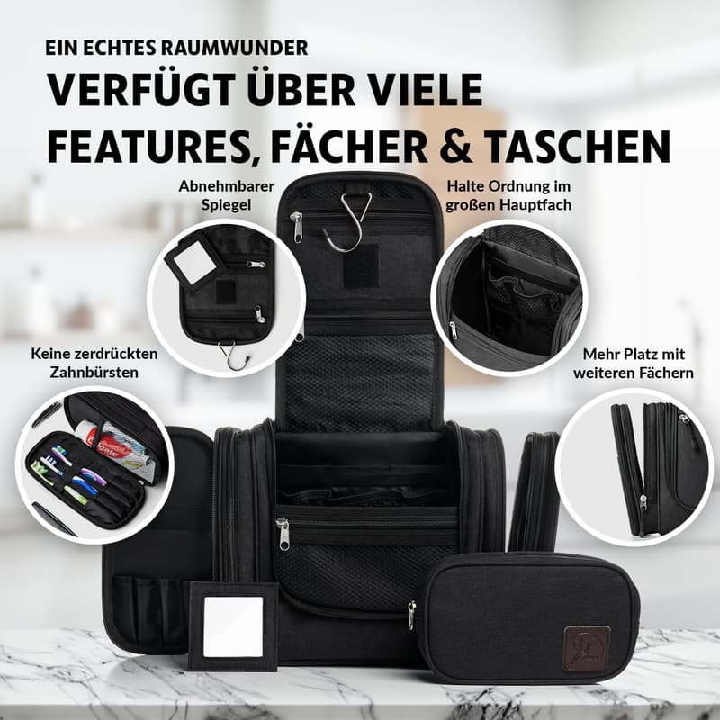 Reise-Kulturbeutel schwarz 8L mit Spiegel und 10 Fächern für Camping