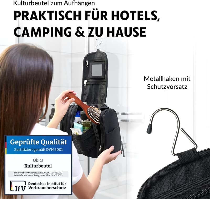 Reise-Kulturbeutel schwarz 8L mit Spiegel und 10 Fächern für Camping