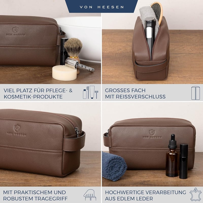 Echtleder Kulturbeutel für Herren und Damen - große Reisetasche in Braun