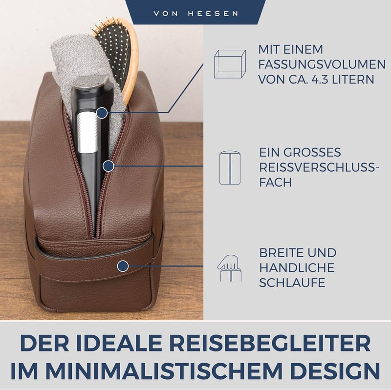 Echtleder Kulturbeutel für Herren und Damen - große Reisetasche in Braun