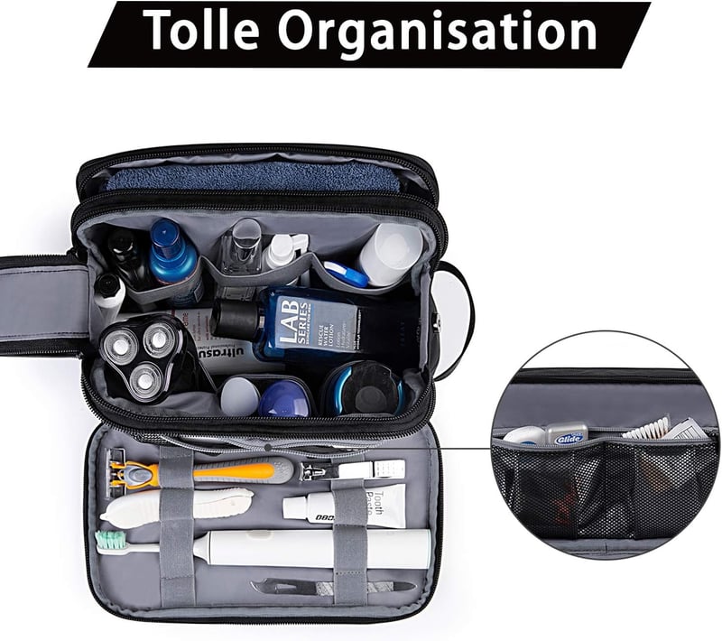 Reise Kulturtasche für Herren mit Doppelter Reißverschlussöffnung, 5L, Schwarz