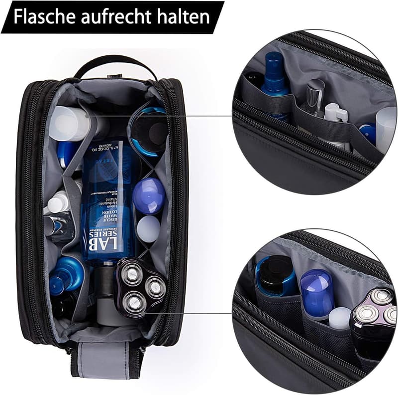 Reise Kulturtasche für Herren mit Doppelter Reißverschlussöffnung, 5L, Schwarz