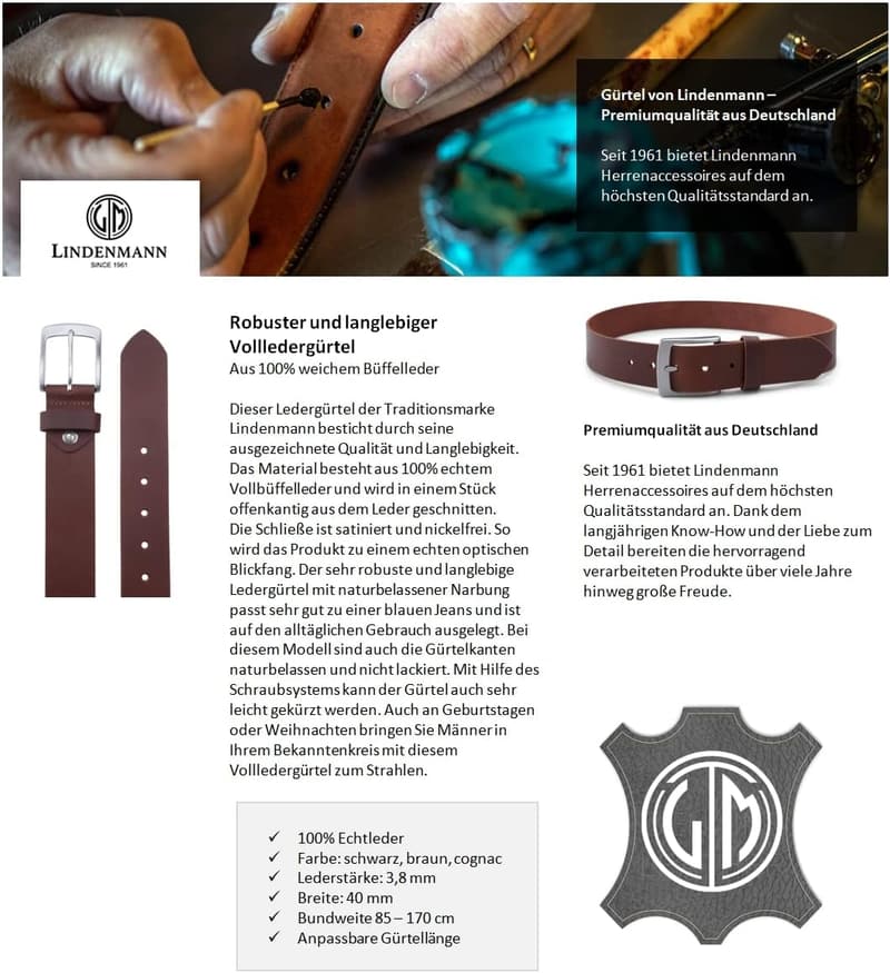 Vollrindleder Gürtel für Herren - 4 mm, 3 Farben: Cognac, Schwarz, Dunkelbraun
