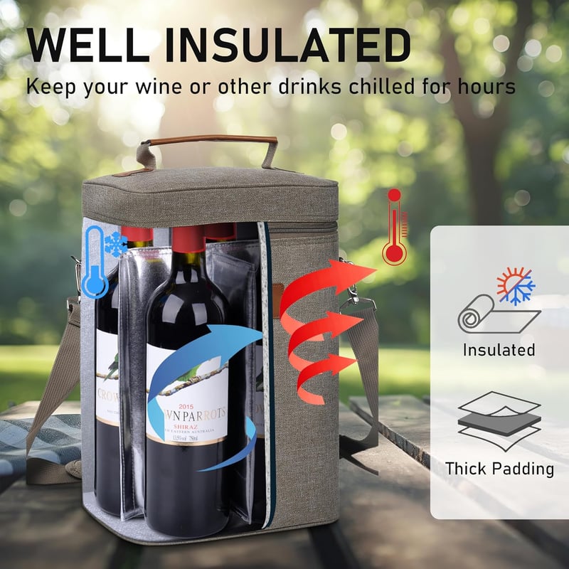 Isolierte Weinkühltasche für 4 Flaschen mit Schultergurt – ideal für Picknick und Party