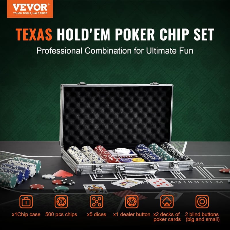 Pokerchip-Set mit Alu-Koffer für 9-10 Spieler, 500 Teile