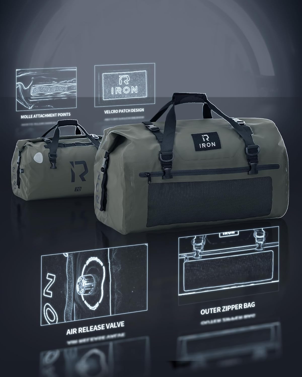 Wasserdichte 70L Motorradtasche für Outdoor-Aktivitäten – Olive