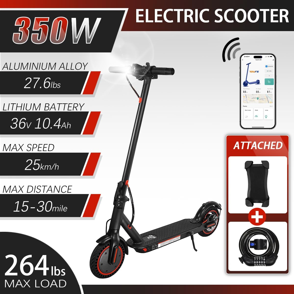 Elektro-Scooter mit 10,4 Ah Akku, 15-21 Meilen Reichweite, 120 kg Traglast