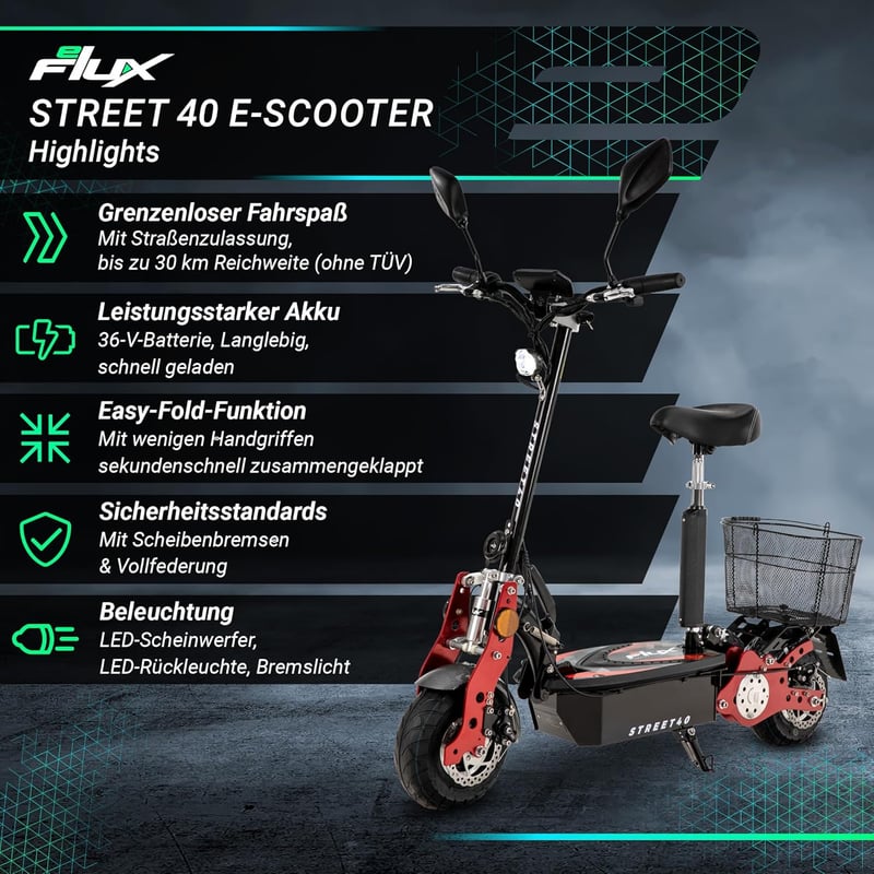 eFlux Street 40 E-Scooter mit 800 Watt Motor - 30 km Reichweite